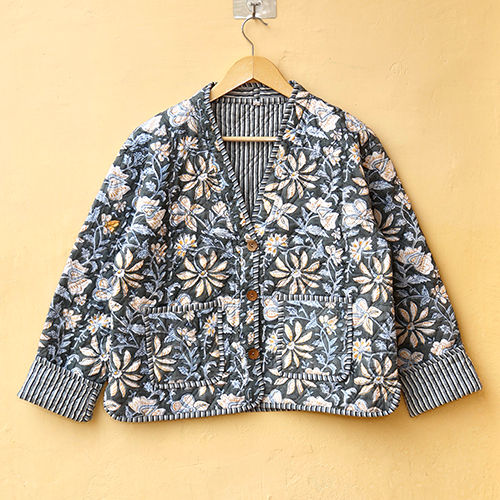 Vegetable Color Dyed Hand Block Print Quilted Jacket - Color: Multicolor