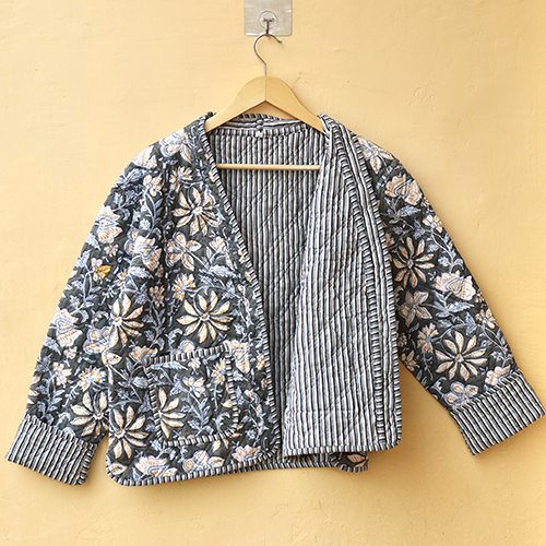 Vegetable Color Dyed Hand Block Print Quilted Jacket - Color: Multicolor