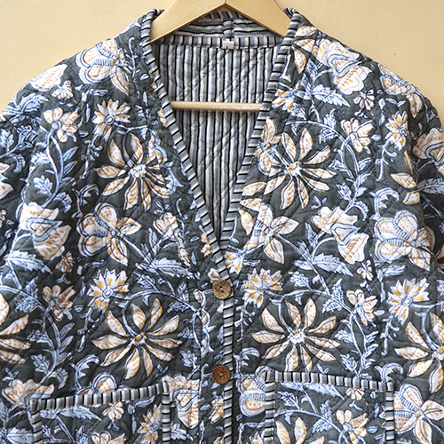 Vegetable Color Dyed Hand Block Print Quilted Jacket - Color: Multicolor