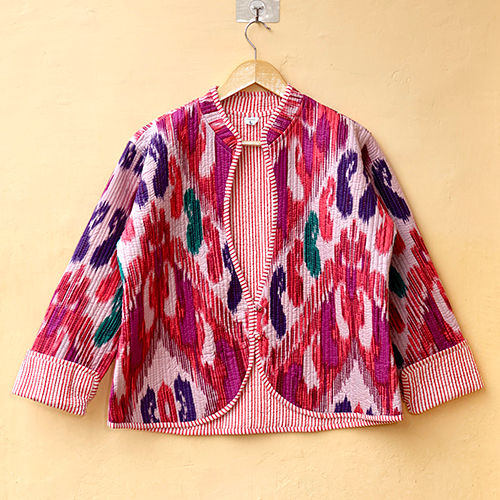 Ikat Print Womens Cotton Quilted Jacket - Color: Multicolor