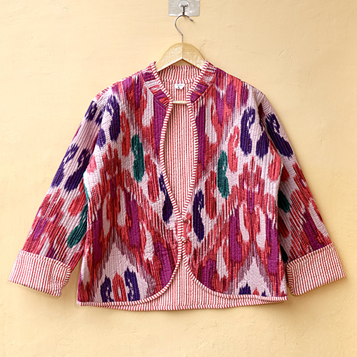 Ikat Print Womens Cotton Quilted Jacket - Cotton Material, M & Plus Size, Multicolor Printed Pattern, Full Sleeves, Washable, Ideal For Ethnic Wear And Winter Comfort
