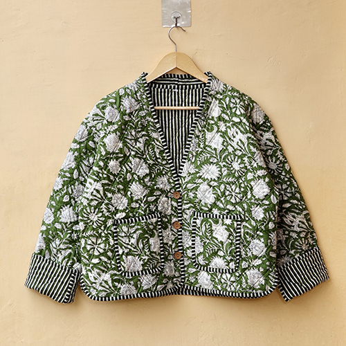 Cotton V-Neck Quilted Jacket - Color: Green