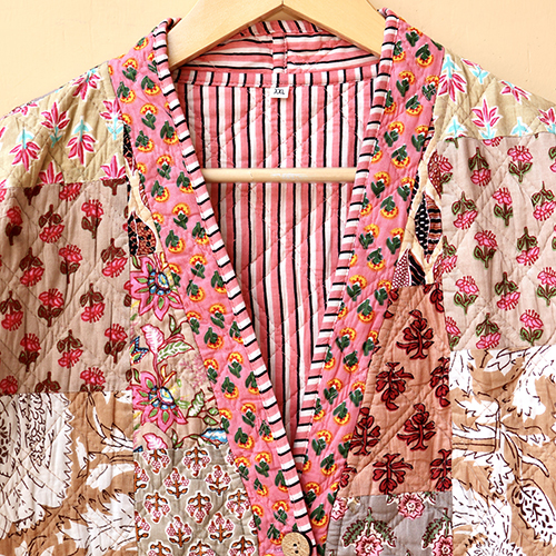 Patchwork Womens Quilted Reversible Coat - Cotton, M & Plus Size, Pink Color | Quick Dry, Washable, Full Sleeves, Ethnic Indian Print