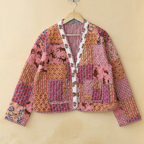 Patchwork Womens Quilted Reversible Coat - Cotton, M & Plus Size, Pink Color | Quick Dry, Washable, Full Sleeves, Ethnic Indian Print