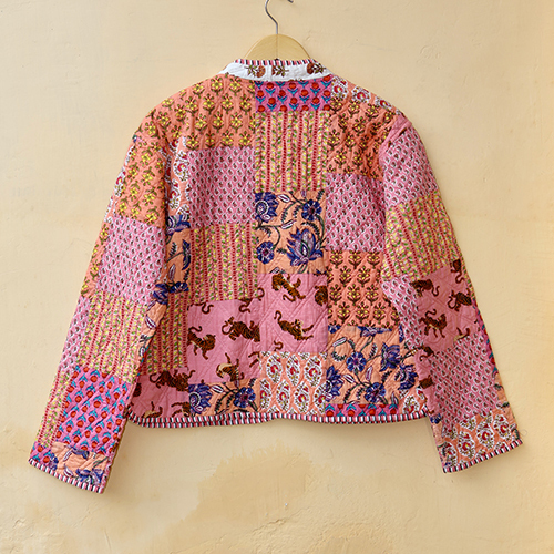 Patchwork Womens Quilted Reversible Coat - Cotton, M & Plus Size, Pink Color | Quick Dry, Washable, Full Sleeves, Ethnic Indian Print