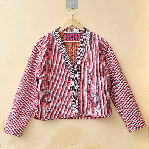 Patchwork Womens Quilted Reversible Coat - Cotton, M & Plus Size, Pink Color | Quick Dry, Washable, Full Sleeves, Ethnic Indian Print