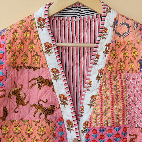 Patchwork Womens Quilted Reversible Coat - Cotton, M & Plus Size, Pink Color | Quick Dry, Washable, Full Sleeves, Ethnic Indian Print