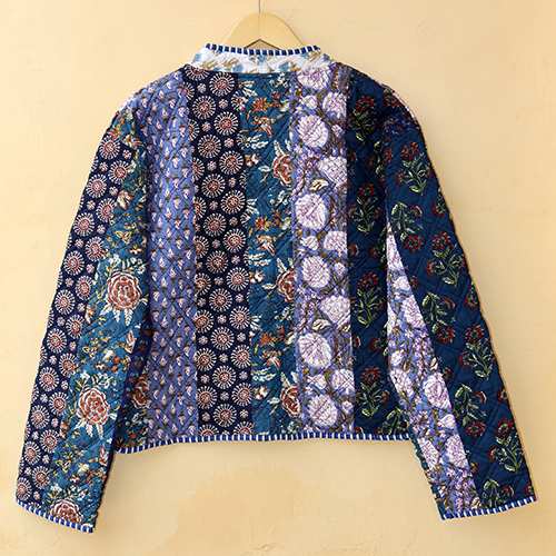 V Neck Patchwork Quilted Reversible Coat - Color: Multicolor