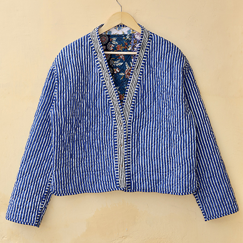 V Neck Patchwork Quilted Reversible Coat - Color: Multicolor