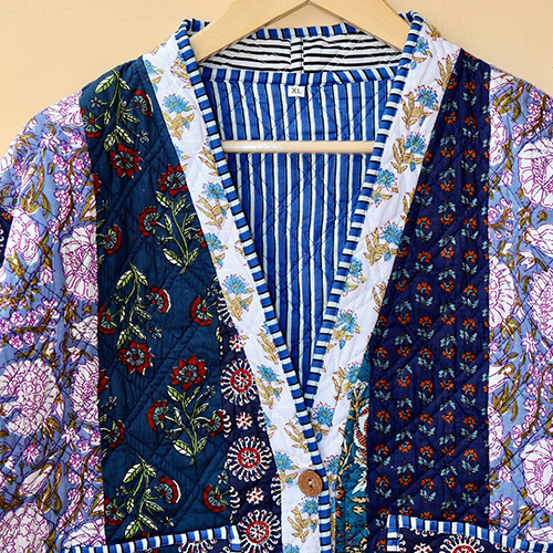 V Neck Patchwork Quilted Reversible Coat - Color: Multicolor