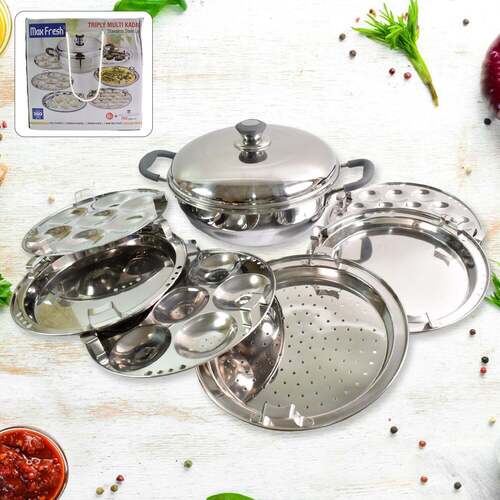 Stainless Steel Triply Multi Kadai Idli, Dhokla, Patra, Mini Idli Plates, Kadai With Lids