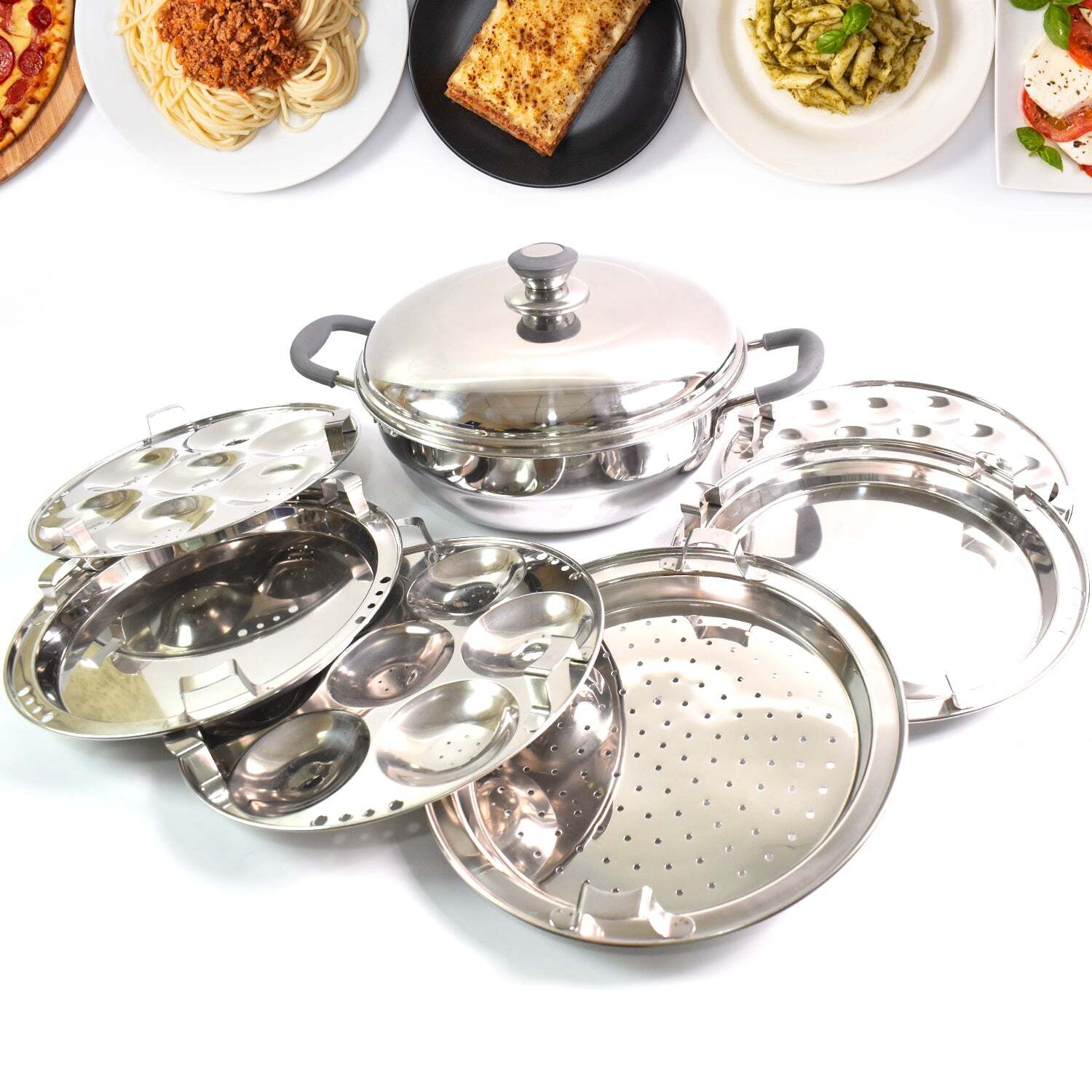 Stainless Steel Triply Multi Kadai idli, dhokla, Patra, Mini idli plates, kadai with Lids