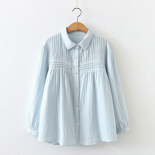 Pure Cotton Pleated Shirt Type Tunic - Color: Blue