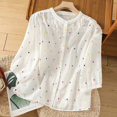 Pure Cotton Casual Shirt With Colorful Embroidered Butties - Color: White