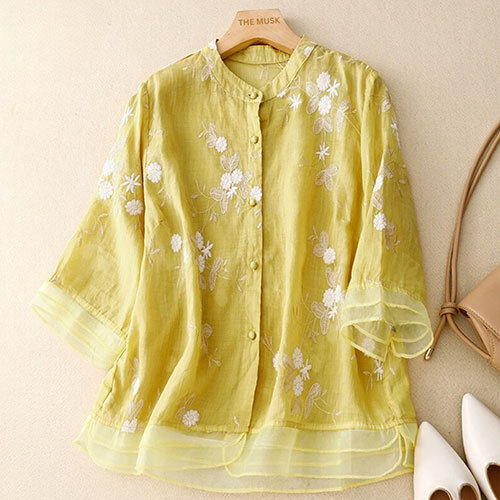 Pure Cotton Embroidered Shirt - Color: Yellow