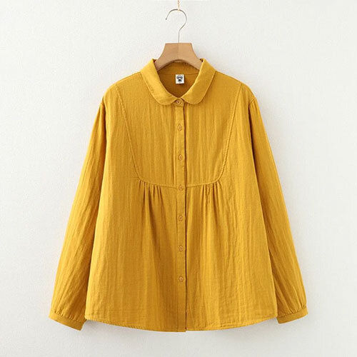 Pure Cotton Casual Wear Doll Collar Shirts - Color: Yellow