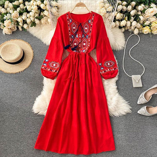 Rayon Embriodered Western Boho Long Maxi Dress - Color: Red