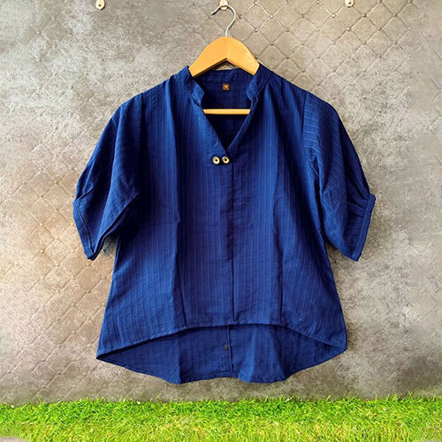 Navy Blue Summer Back Button Handloom Georgette Top - Feature: Washable