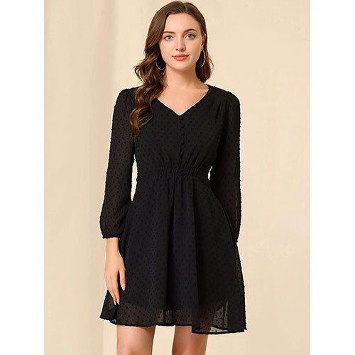 Gorgeous Black Fit & Flare V-Neck Georgette Dress - Feature: Washable