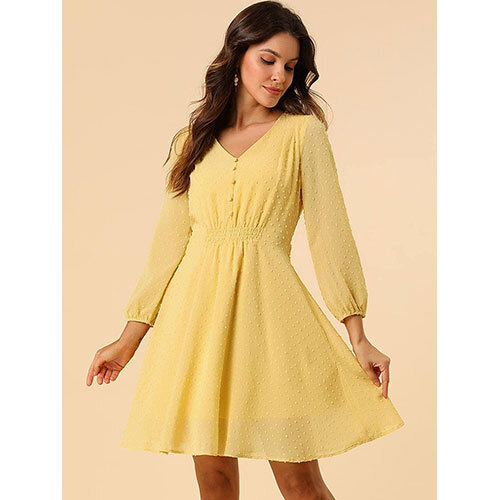 Light Yellow Fit & Flare V-Neck Georgette Dress - Material: Cotton