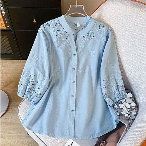 Pure Cotton Schiffly Embroidered Button Down Shirt - Color: Blue