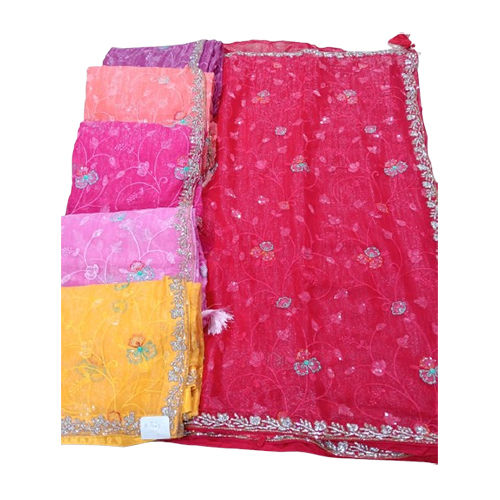 Ladies Shimmer Chiffon Handwork Saree - Color: Multicolor