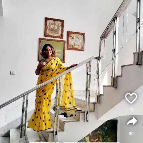 Cotton Ball Print Saree - Color: Yellow