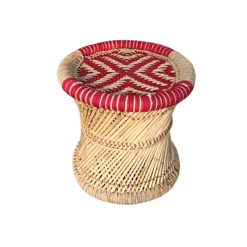 Beige And Red Round Bamboo Mudda - Bamboo Material, Designed for One Person, Lightweight and Easy to Move, Rustic Indian Style for Indoor or Outdoor Use