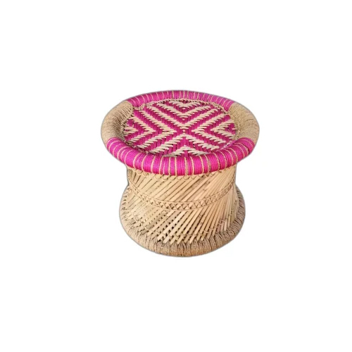 Pink And Beige Round Bamboo Mudda - Bamboo, Round Shape, Soft Pink and Beige Hues | Modern Outdoor Furniture, Indian Style Decor Accent