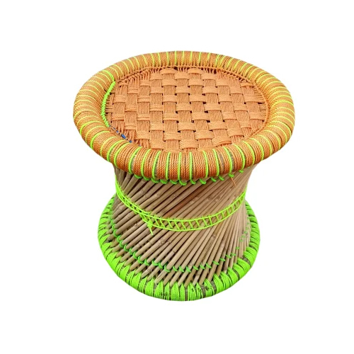 Peach And Green Round Bamboo Mudda - High-Quality Bamboo Material, Modern Outdoor Design for Relaxation and Cultural Touch