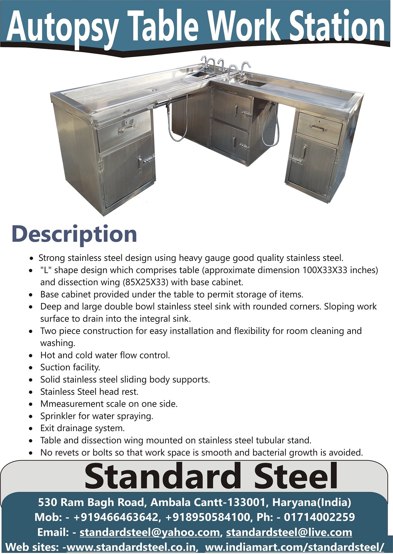 Stainless steel Autopsy Postmortem Table