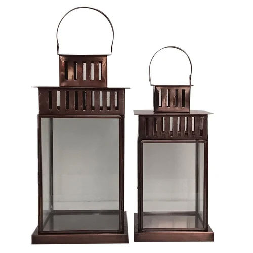 Glass Iron Hanging Lantern - Iron & Glass, 15 Inch Height, Brown Rectangle Design | Modern Style, Flame Power Source, Elegant and Cozy Ambiance