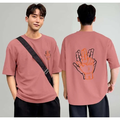 Mens Peach Round Neck Printed T-Shirt