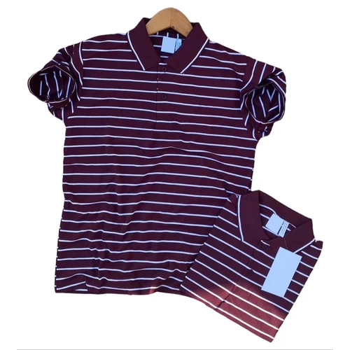 Men Maroon Striped Cotton Polo T-Shirt - Gender: Male