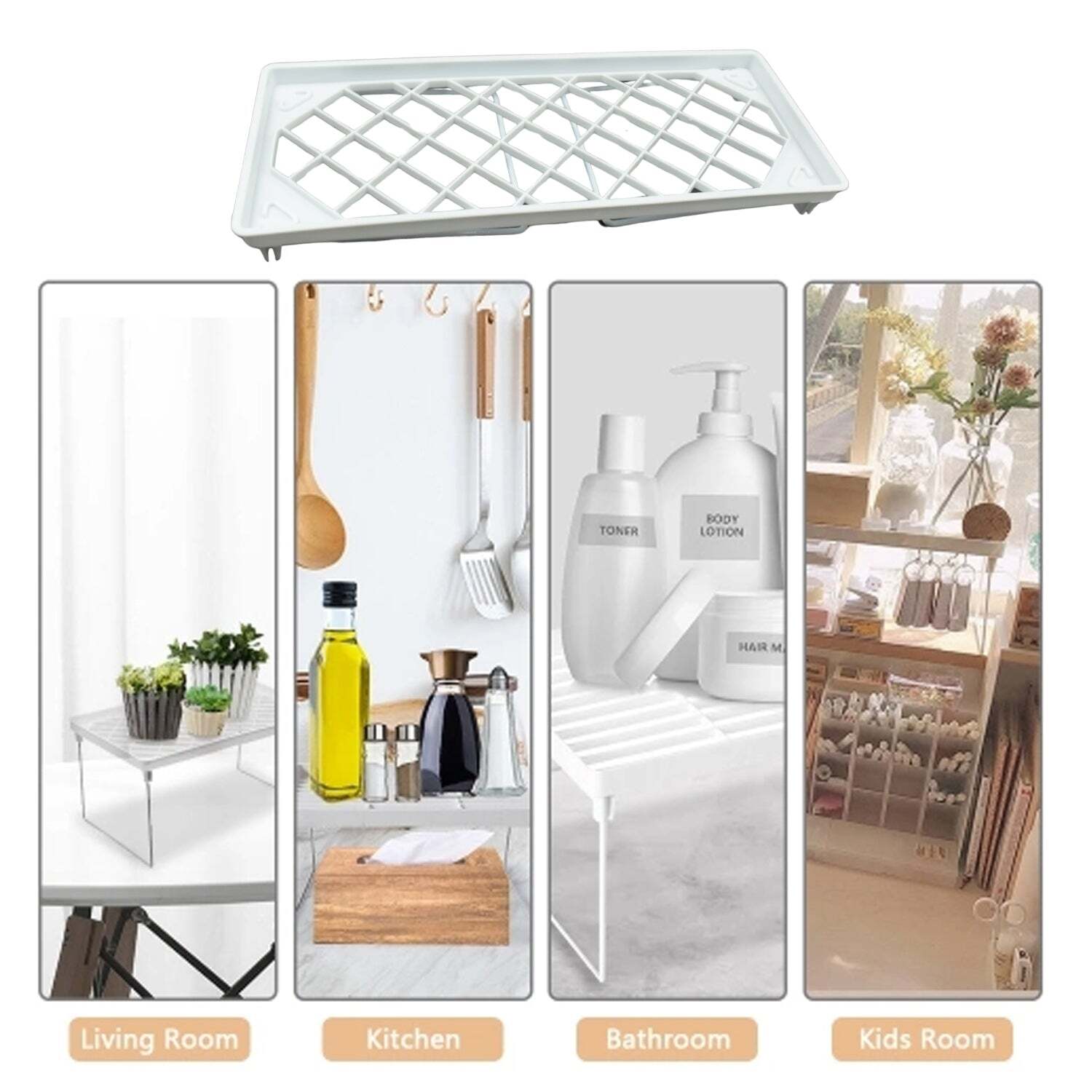 Folding Storage Organizer Stack Shelf Rack - Durable Plastic, 34x13x4 Cm Size | Extra Tall Design For Kitchen And Bathroom, Heavy Duty And Stackable