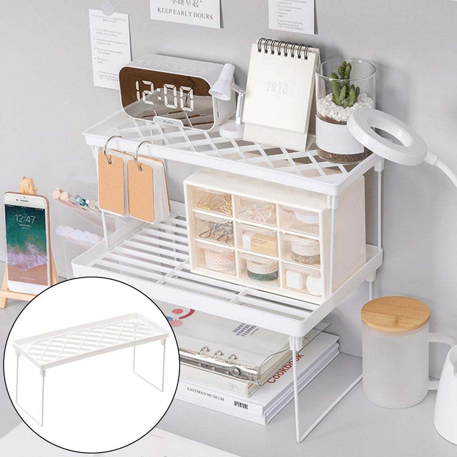 Folding Storage Organizer Stack Shelf Rack - Durable Plastic, 34x13x4 Cm Size | Extra Tall Design For Kitchen And Bathroom, Heavy Duty And Stackable