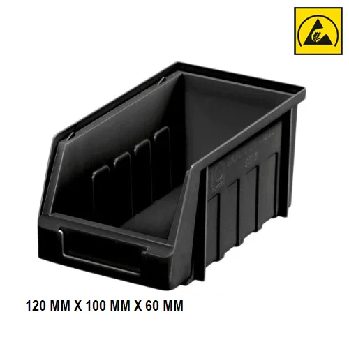 Esd Bin Sb-1 - Conductive Polypropylene, 125mm X 100mm X 60mm, Black | Reinforced Base, Identification Cardholder Slot, Safety Stop Feature