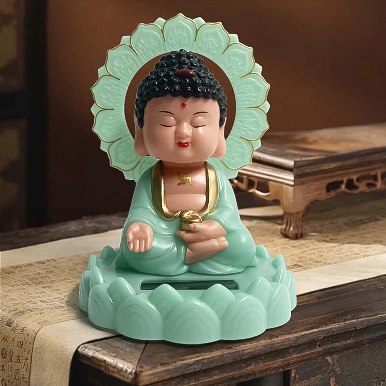 Plastic Solar Powered Moving Head Sitting Action Buddha Statu at