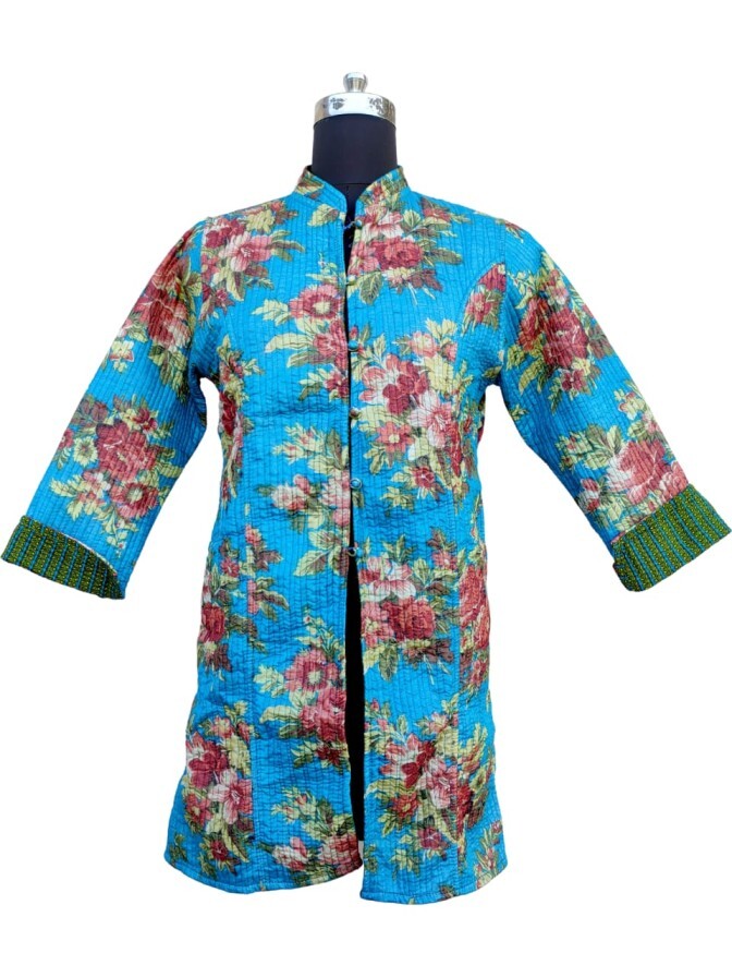 Long Quilted Screen Printed Jacket - Color: Multi Color