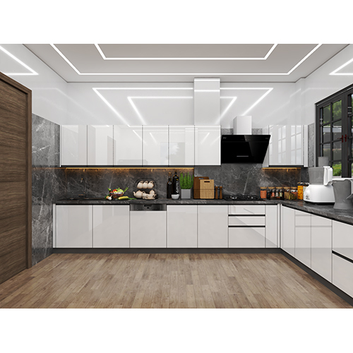 L Shape White Modular Kitchen