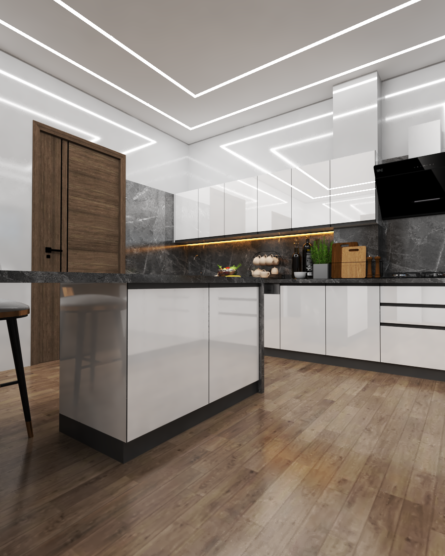 L Shape White Modular Kitchen