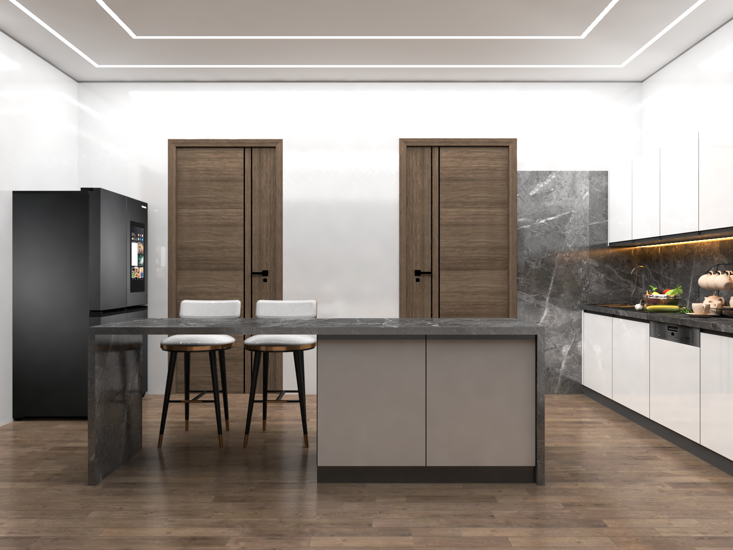 L Shape White Modular Kitchen