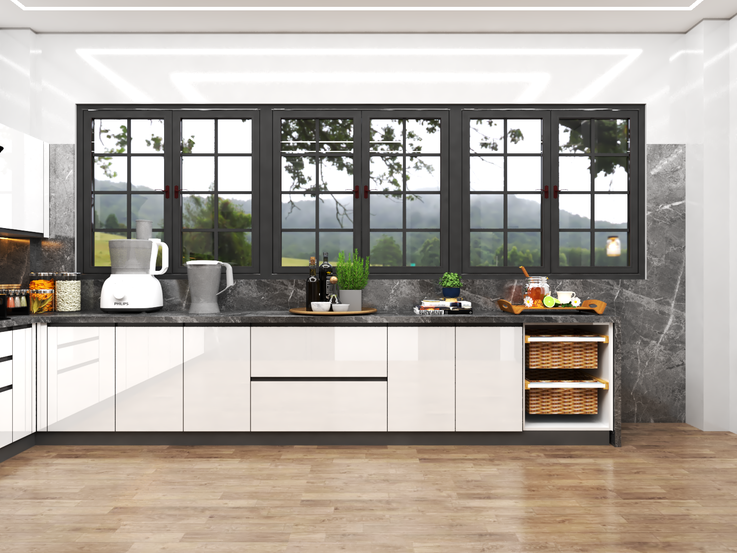 L Shape White Modular Kitchen