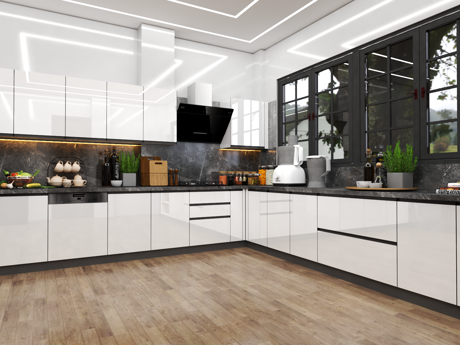 L Shape White Modular Kitchen