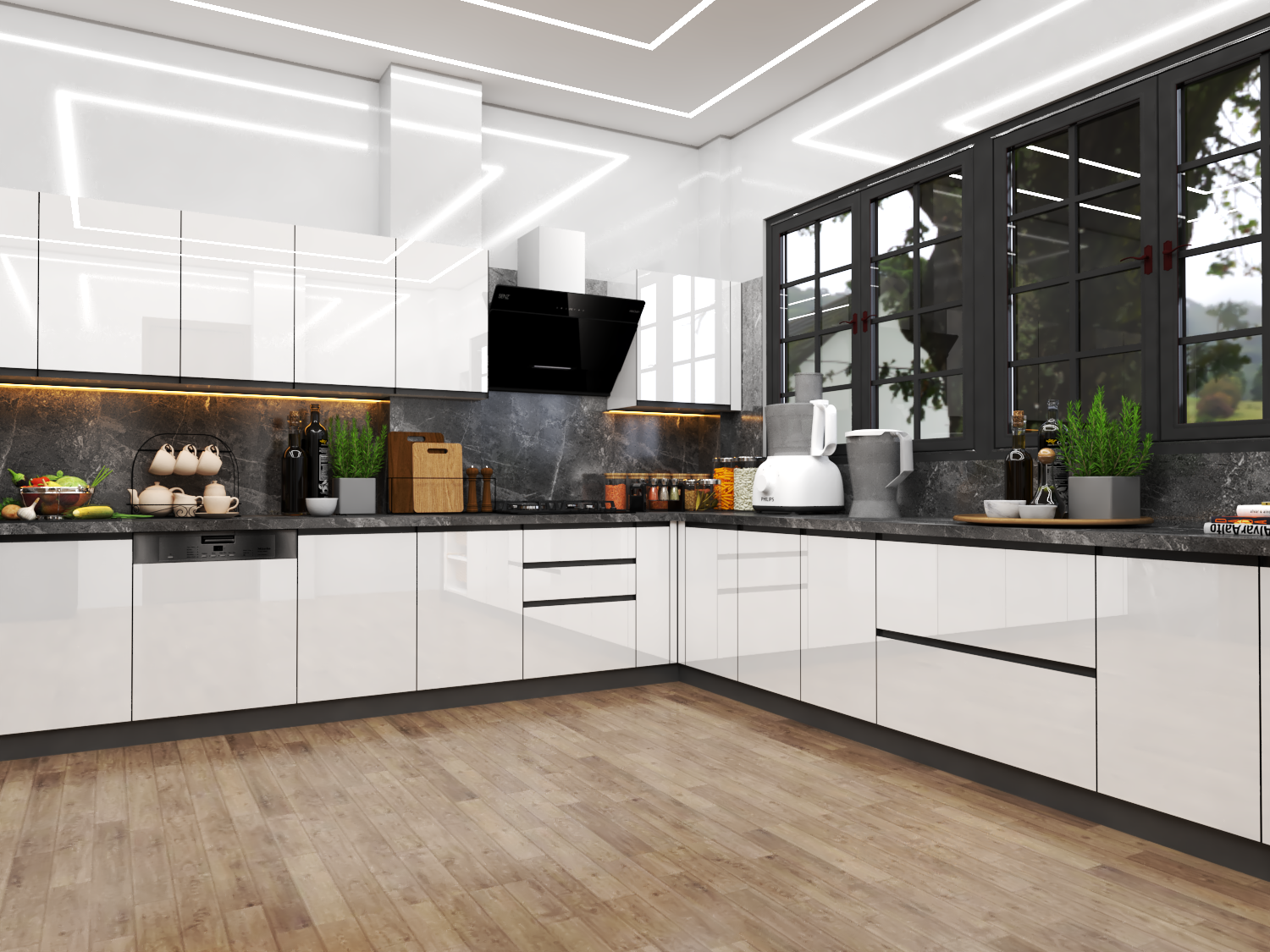 L Shape White Modular Kitchen - Dimension (L*w*h): 2 Foot (Ft)