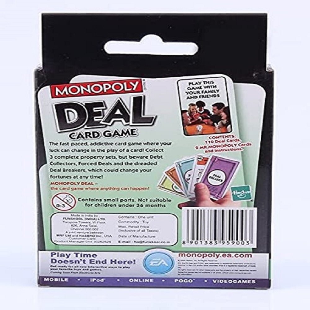 Monopoly Deal Card Game - High Quality Paper Material, 8l X 5w Centimeter Cards, Multicolor Design | Fast-paced 15-minute Gameplay, Strategic Property Swapping, 2 To 5 Players