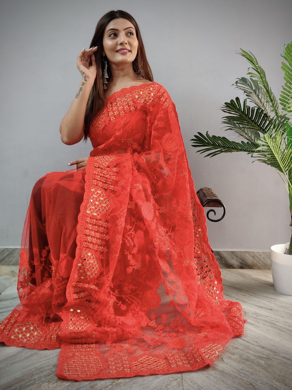 Latest Women Wear Fancy Net Material Saree Pakistani Style Heavy Embroidery Work and Stone Work Saree By Fatema Fashion