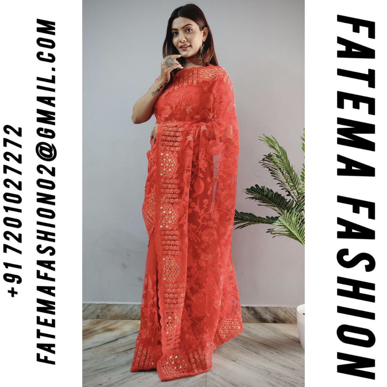 Latest Women Wear Fancy Net Material Saree Pakistani Style Heavy Embroidery Work and Stone Work Saree By Fatema Fashion