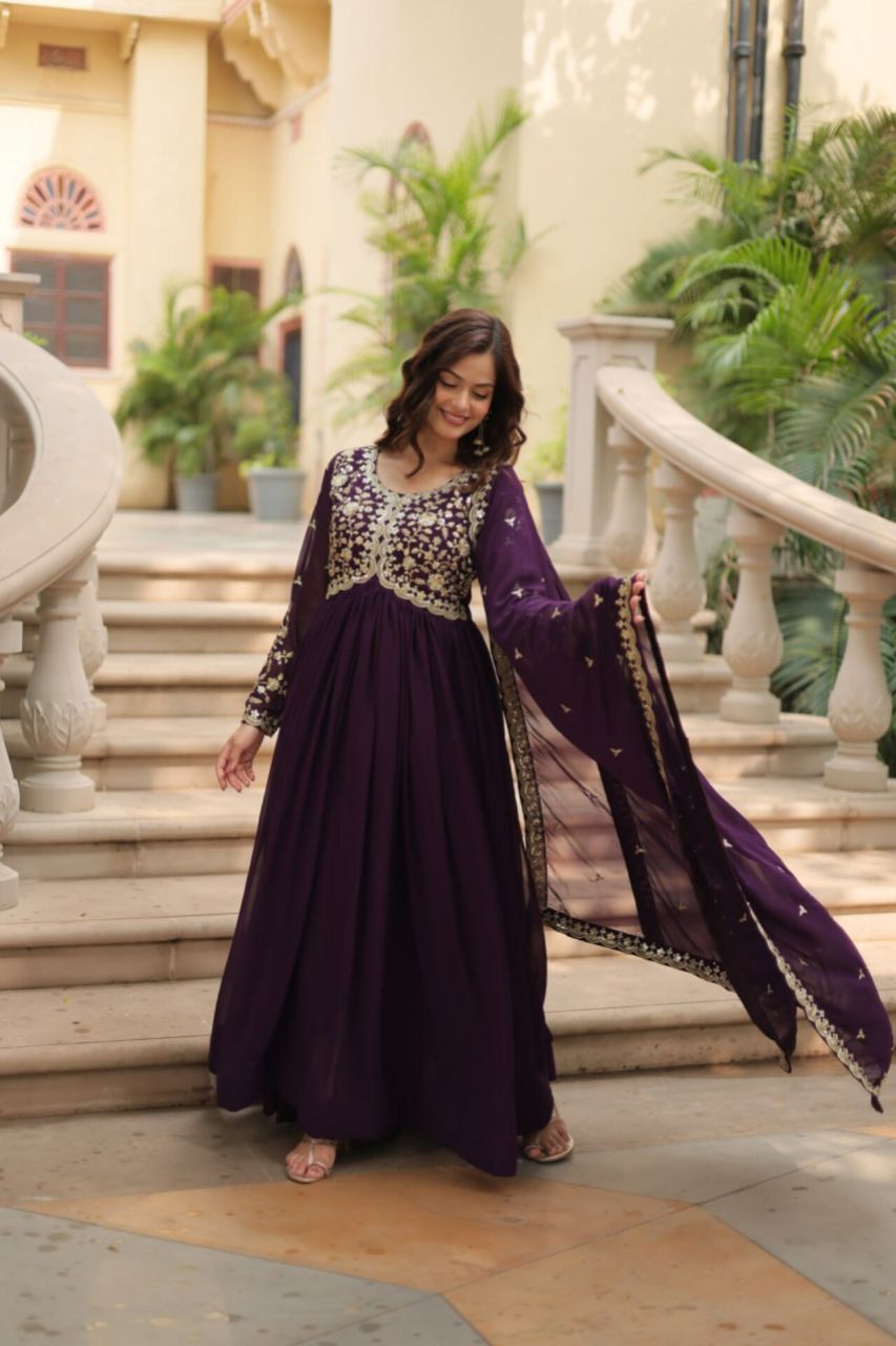 Indian And Pakistani Style Faux Blooming With Sequins Multi And Zari Embroidered Work Long Wedding Wear Anarkali Gowns For Women - Color: Purple