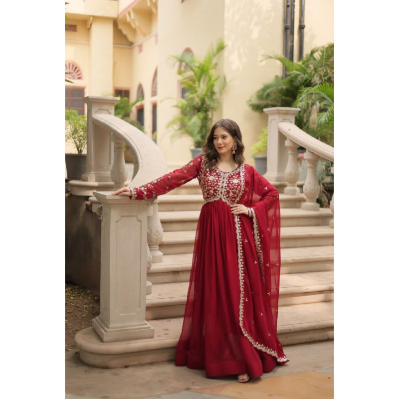 Most Attractive Women Wear Long Faux Blooming Gown with Sequence Embroidery Work Wedding Wear Indian Ethnic Wear Gown for Women